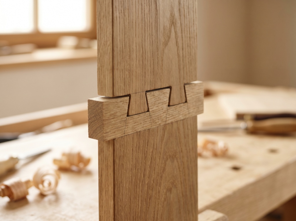 Detail einer präzisen Schwalbenschwanz-Verbindung in Eiche