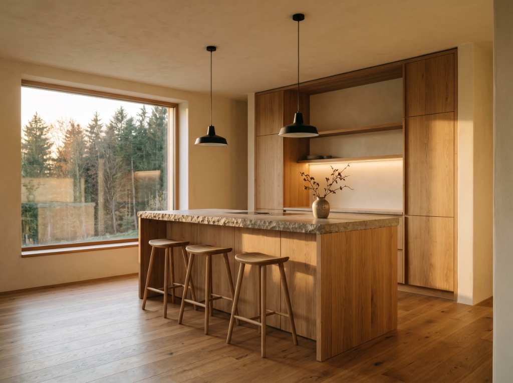 Maßgefertigte Eichenküche mit Naturstein-Arbeitsplatte und Waldblick