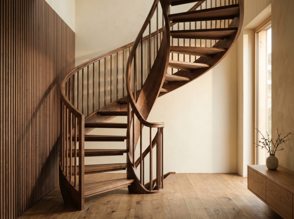 Geschwungene Massivholz-Wendeltreppe in modernem Eingangsbereich
